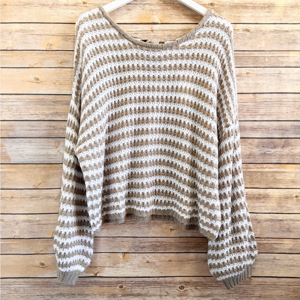 By The River Sweater Women’s Size Small Beige White Stripe Keyhole Tie Back NWT
